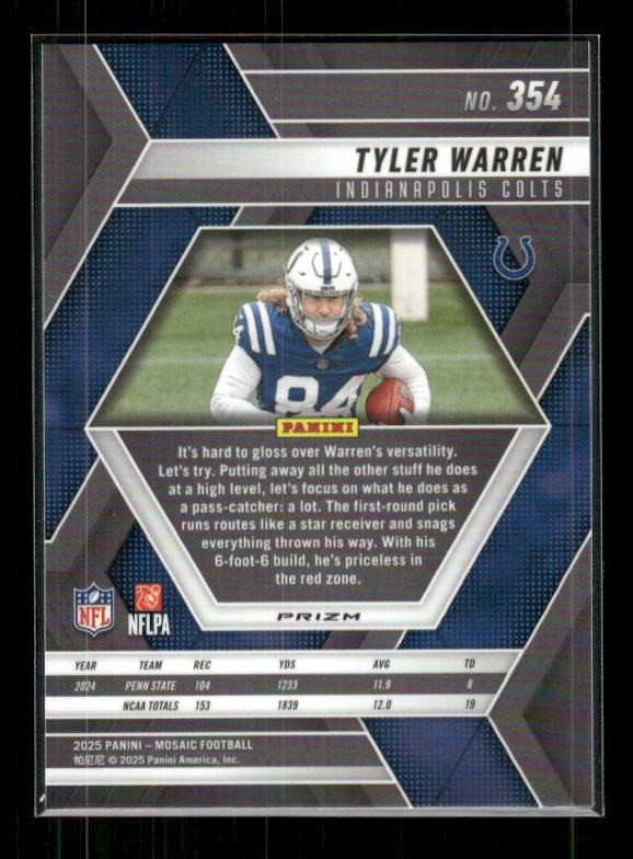 Tyler Warren - 2025 Mosaic Football - Silver Prizm - Rookie