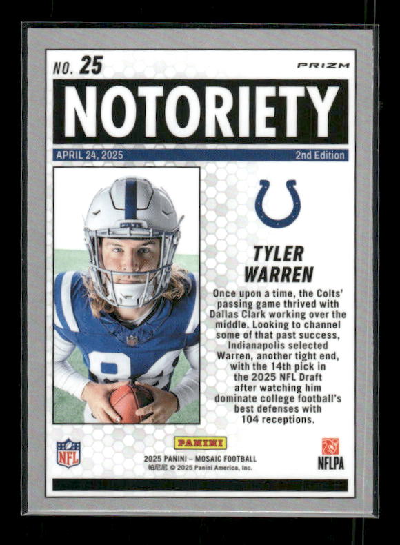 Tyler Warren - 2025 Mosaic Football - Orange Fluorescent Notoriety - Rookie