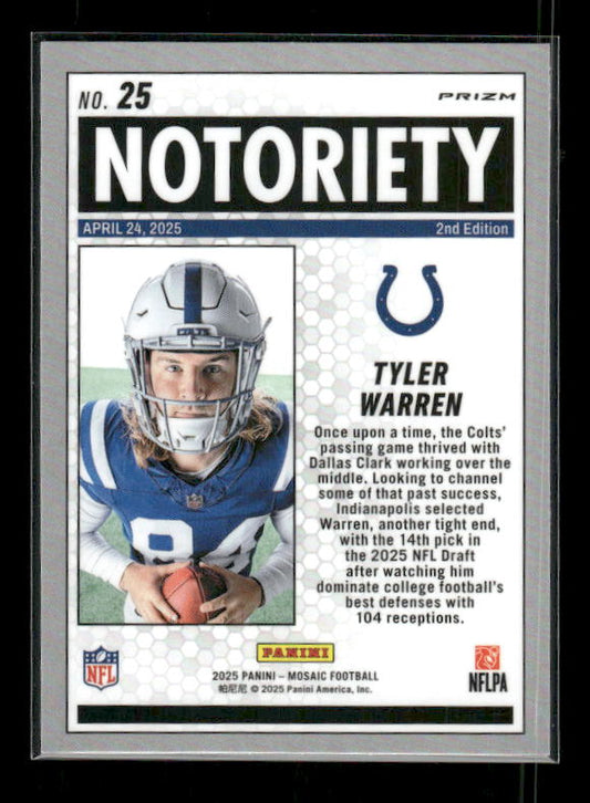 Tyler Warren - 2025 Mosaic Football - Orange Fluorescent Notoriety - Rookie