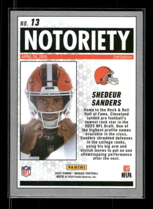 Shedeur Sanders - 2025 Mosaic Football - Notoriety - Rookie