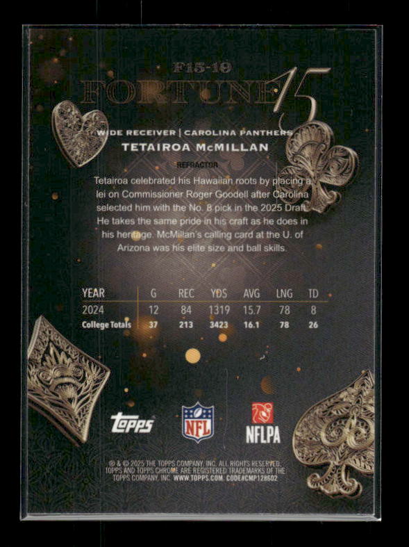 Tetairoa McMillan - 2025 Topps Chrome Football - Fortune 15 Refractor - Rookie