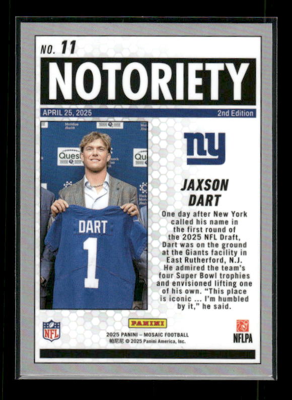 Jaxson Dart - 2025 Mosaic Football - Notoriety - Rookie