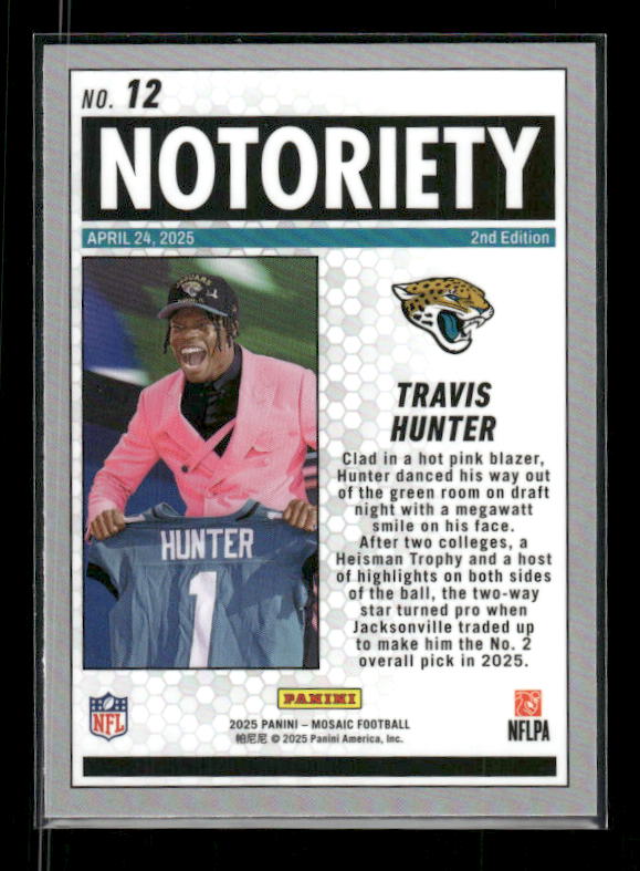 Travis Hunter - 2025 Mosaic Football - Mosaic Notoriety - Rookie