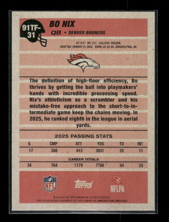 Bo Nix - 2026 Flagship Football - Pink 1991 Topps /1000