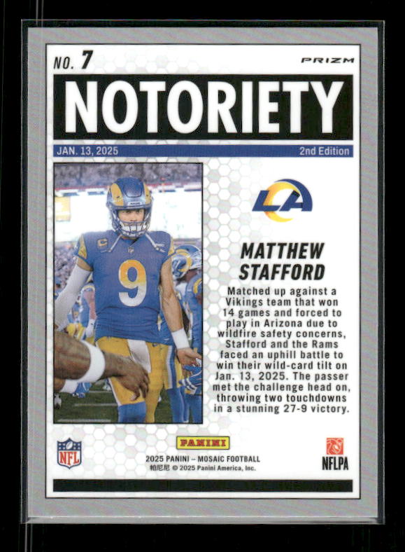 Matthew Stafford - 2025 Mosaic Football - Orange Fluorescent Notoriety