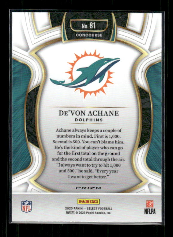 De'Von Achane - 2025 Select Football - Red & Blue Shock