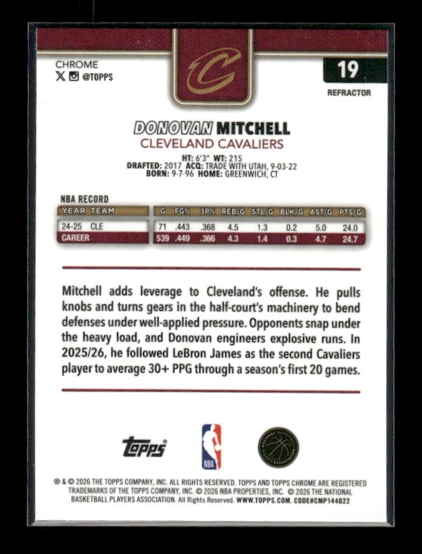 Donovan Mitchell - 2025-26 Topps Chrome Update Basketball - Refractor