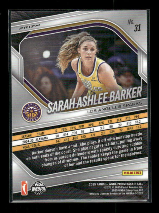 Sarah Ashlee Barker - 2025 Prizm WNBA - White Seismic - Rookie