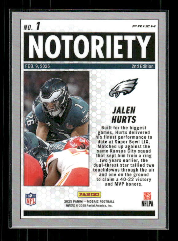 Jalen Hurts - 2025 Mosaic Football - Orange Fluorescent Notoriety