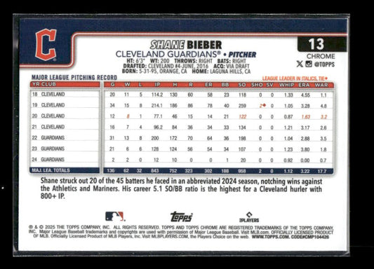 Shane Bieber - 2025 Topps Chrome - Raywave Refractors