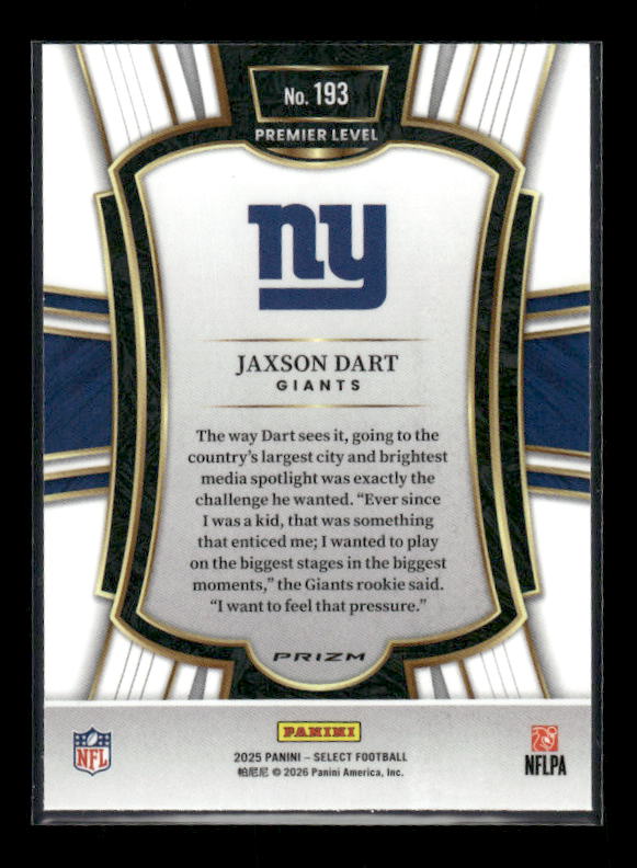 Jaxson Dart - 2025 Select Football - Premier Green & Yellow Shock - Rookie