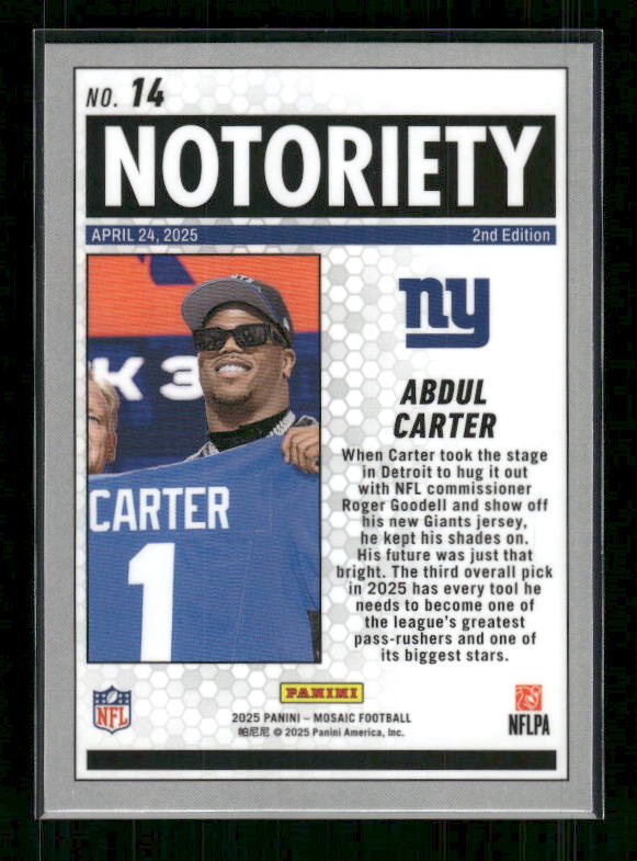 Abdul Carter - 2025 Mosaic Football - Notoriety - Rookie