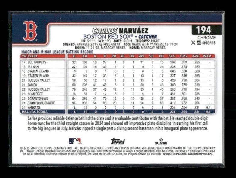 Carlos Narváez - 2025 Topps Chrome - Raywave Refractors - Rookie