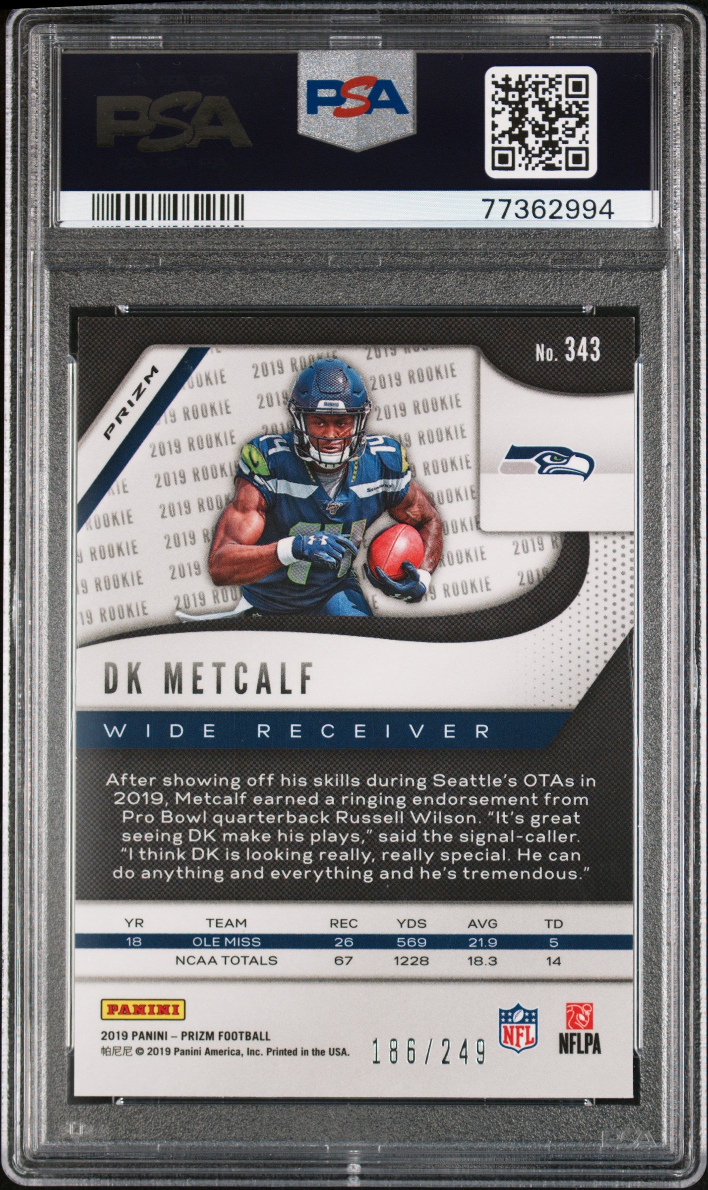2019 Panini Prizm #343 Dk Metcalf Orange Prizm PSA 9