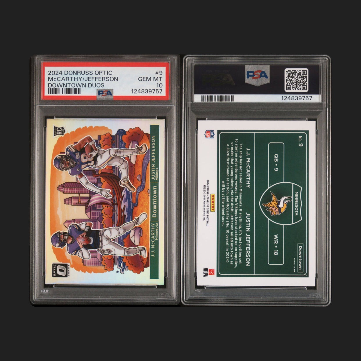 J.J. McCarthy & Justin Jefferson - 2024 Donruss Optic - Downtown Duo - Rookie - PSA 10