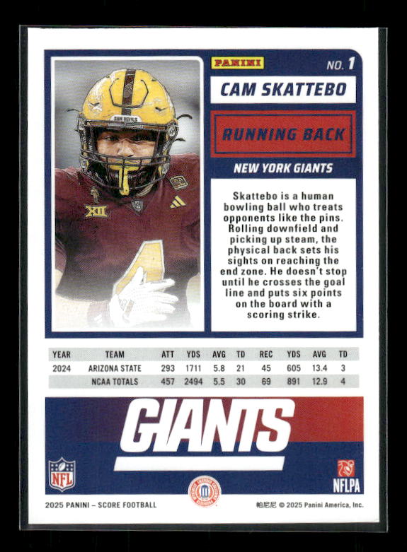 Cam Skattebo - 2025 Score Football - Rookie