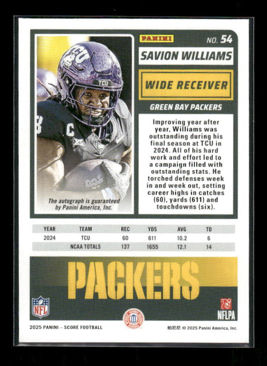 Savion Williams - 2025 Score Football - Green Auto - Rookie