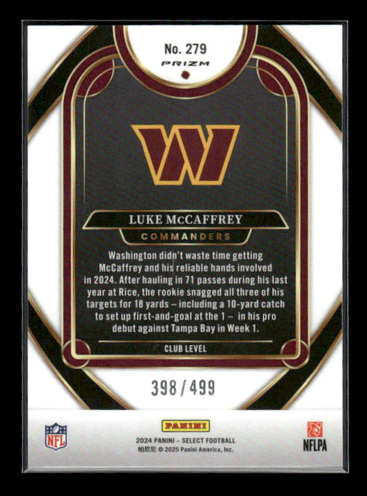 Luke McCaffrey - 2024 Select Football - Green Shock /499 - Club Level - Rookie