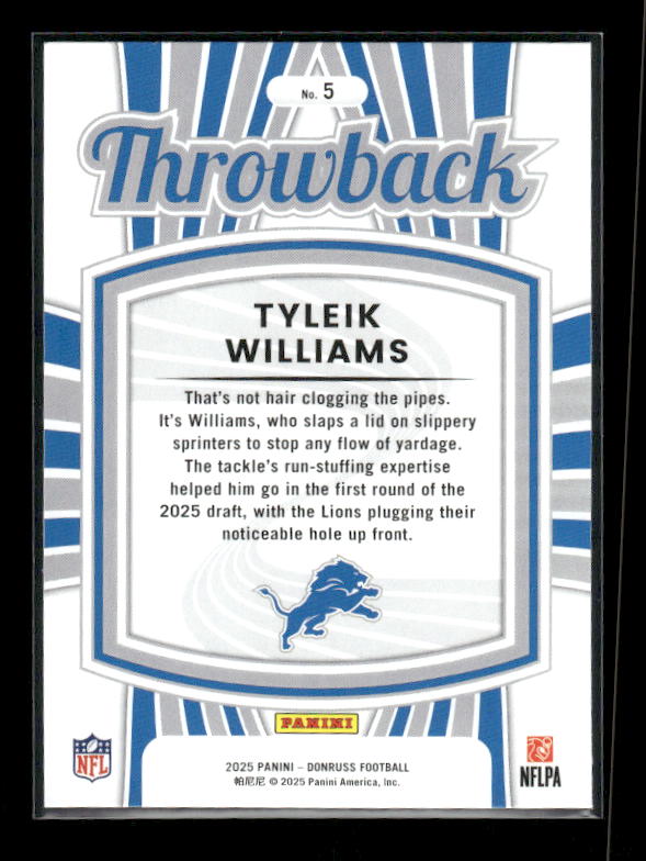 Tyleik Williams - 2025 Donruss Football - Throwback - Rated Rookie