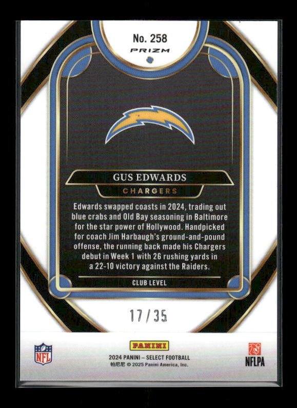 Gus Edwards - 2024 Select Football - White /35 - Club Level
