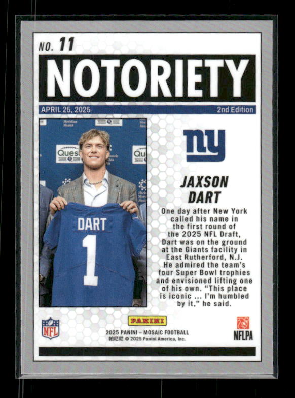 Jaxson Dart - 2025 Mosaic Football - Notoriety - Rookie