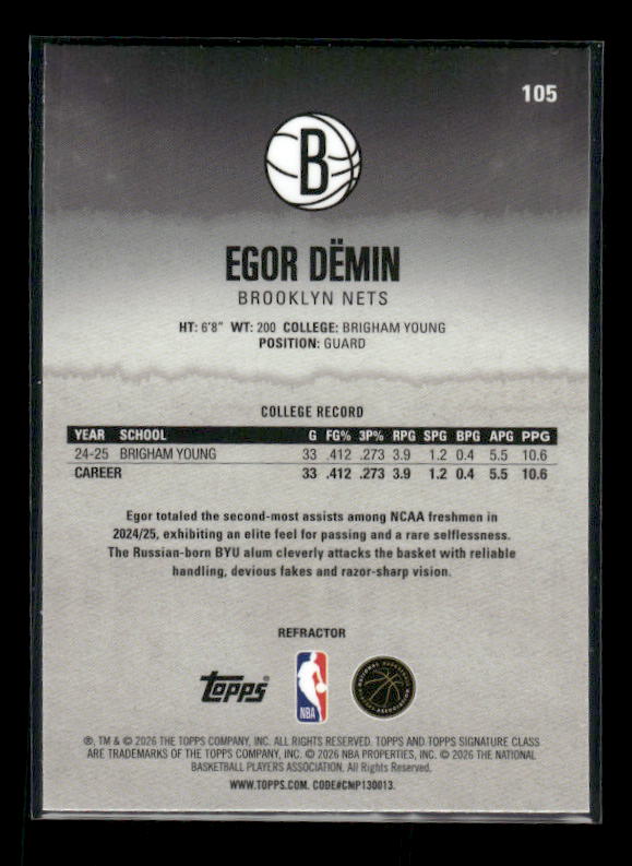 Egor Demin - 2025/26 Topps Signature Class Basketball - Refractor - Rookie
