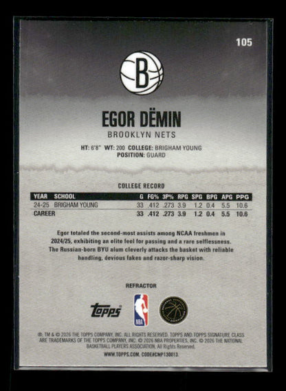 Egor Demin - 2025/26 Topps Signature Class Basketball - Refractor - Rookie