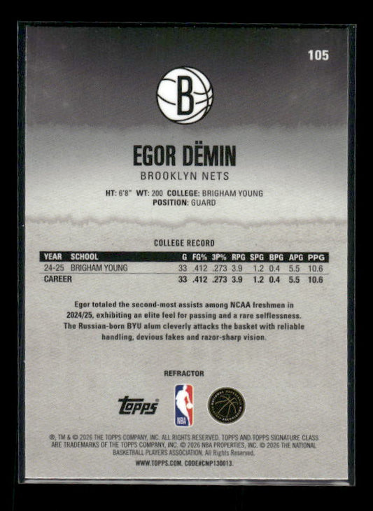 Egor Demin - 2025/26 Topps Signature Class Basketball - Refractor - Rookie