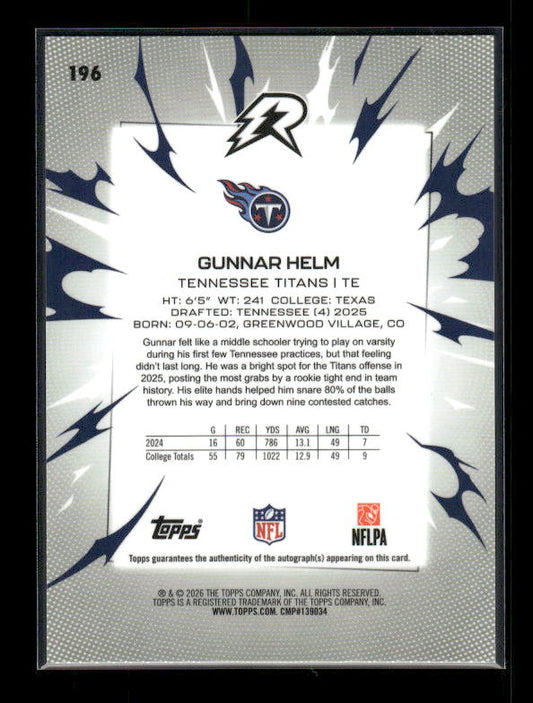 Gunnar Helm - 2025 Resurgence Football - Blue Surge Auto /99 - Rookie