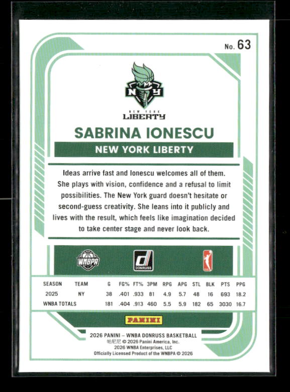 Sabrina Ionescu - 2026 Donruss WNBA - Holo