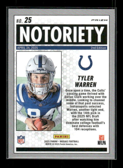 Tyler Warren - 2025 Mosaic Football - Orange Fluorescent Notoriety - Rookie