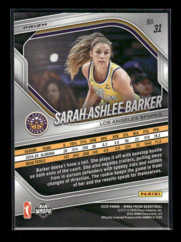 Sarah Ashlee Barker - 2025 Prizm WNBA - White Seismic - Rookie