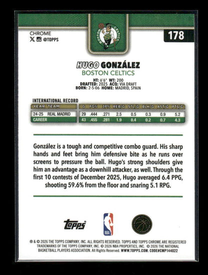 Hugo Gonzalez - 2025-26 Topps Chrome Update Basketball - Red White & Blue Refractor - Rookie