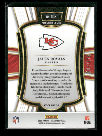 Jalen Royals - 2025 Select Football - Premier Level Blue Checker /175 - Rookie