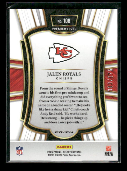 Jalen Royals - 2025 Select Football - Premier Level Blue Checker /175 - Rookie