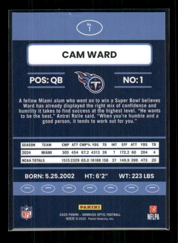 Cam Ward - 2025 Optic Football - Retro - Rookie