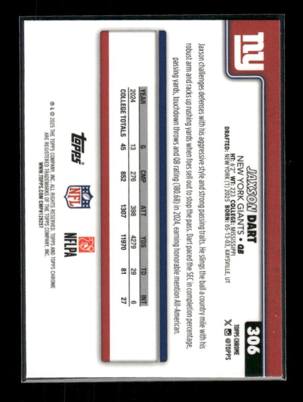 Jaxson Dart - 2025 Topps Chrome Football - Rookie