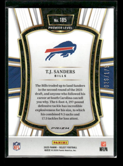 T.J. Sanders - 2025 Select Football - Premier Level Blue Checker /175 - Rookie