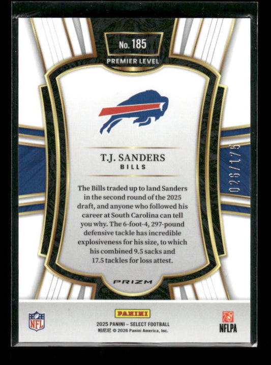 T.J. Sanders - 2025 Select Football - Premier Level Blue Checker /175 - Rookie