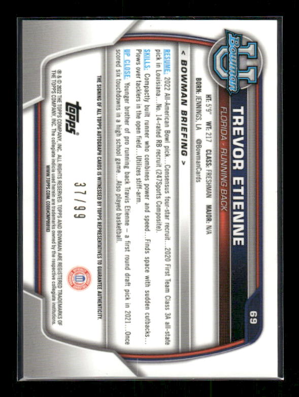 Trevor Etienne - 2022 Bowman U Football - Green Refractor Auto /99 - 1st Bowman
