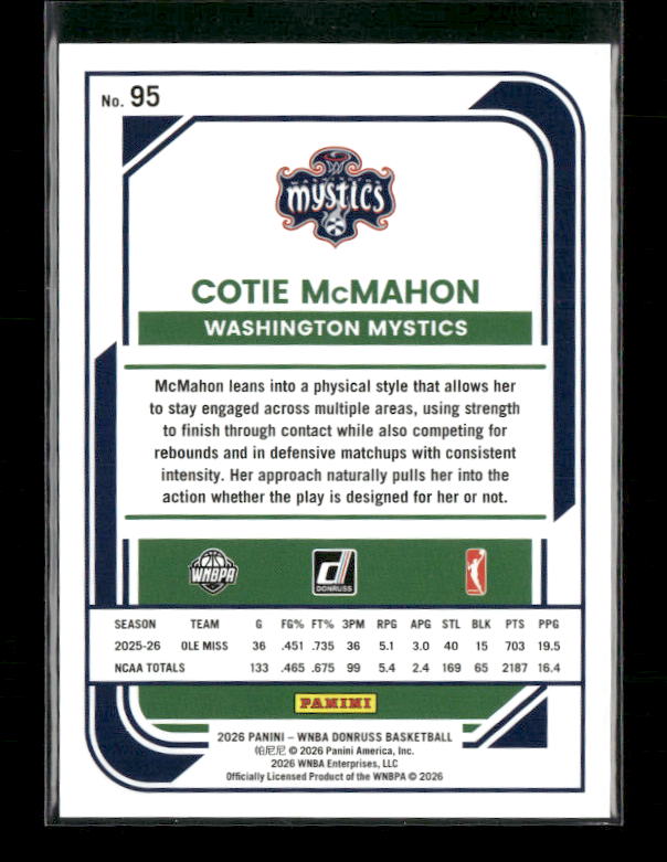 Cotie McMahon - 2026 Donruss WNBA - Red Laser /185 - Rated Rookie