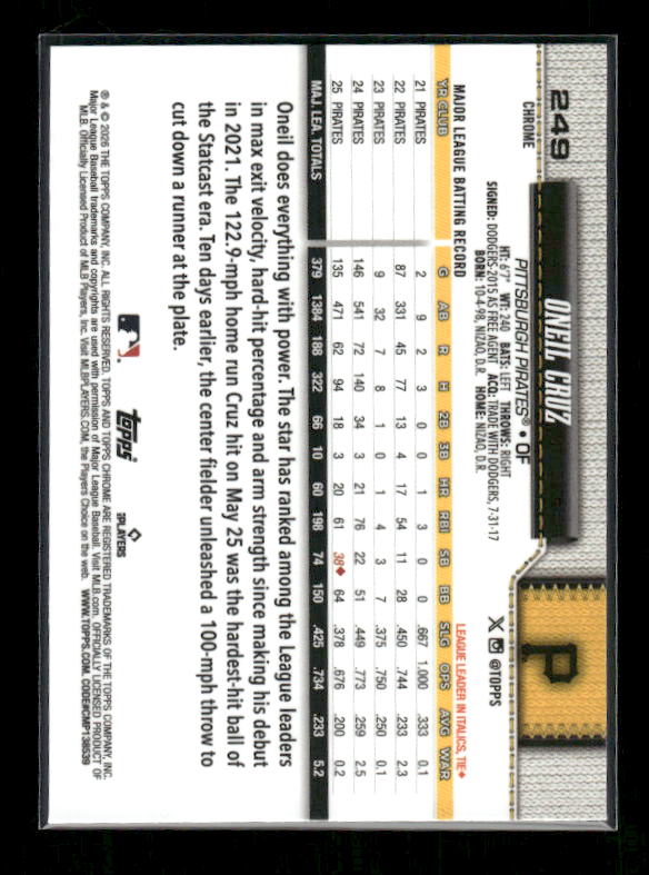 Oneil Cruz - 2026 Topps Chrome Baseball - Baseball Seams