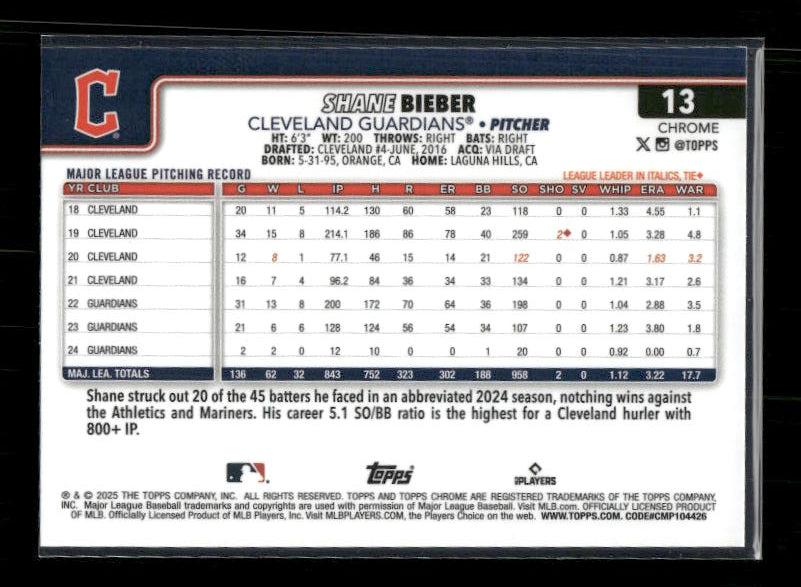 Shane Bieber - 2025 Topps Chrome - Raywave Refractors
