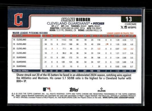 Shane Bieber - 2025 Topps Chrome - Raywave Refractors