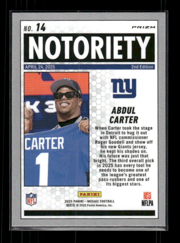 Abdul Carter - 2025 Mosaic Football - Green Mosaic Notoriety - Rookie