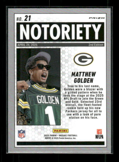 Matthew Golden - 2025 Mosaic Football - Mosaic Prizm Notoriety - Rookie