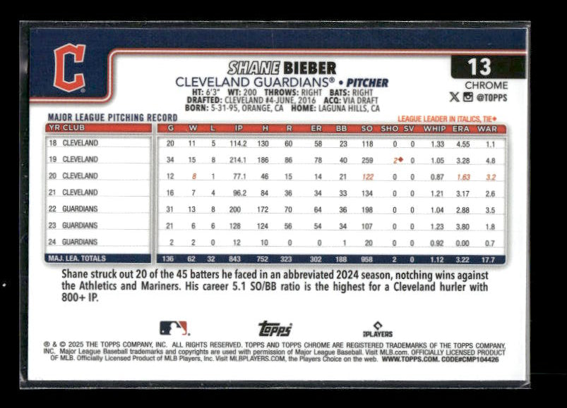 Shane Bieber - 2025 Topps Chrome - Raywave Refractors