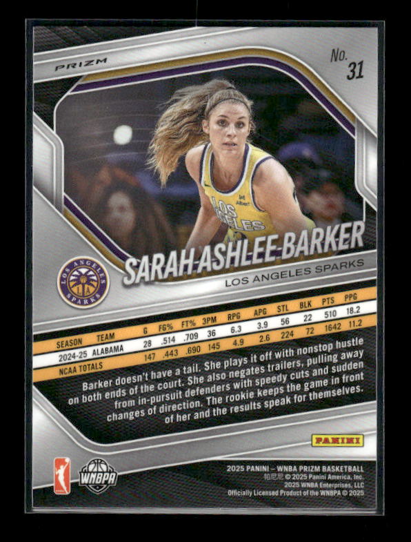 Sarah Ashlee Barker - 2025 Prizm WNBA - Orange Velocity - Rookie