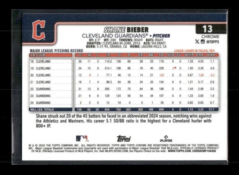 Shane Bieber - 2025 Topps Chrome - Raywave Refractors
