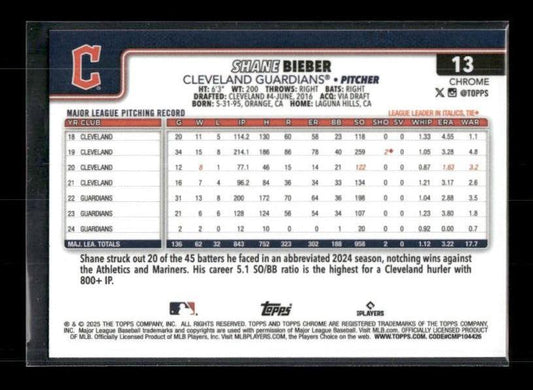 Shane Bieber - 2025 Topps Chrome - Raywave Refractors